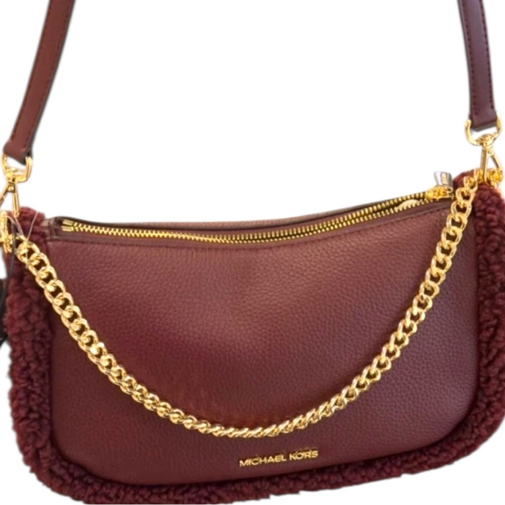 Michael Kors Carmela Medium Pouchette Crossbody in Oxblood Shearling - Picture 6 of 10